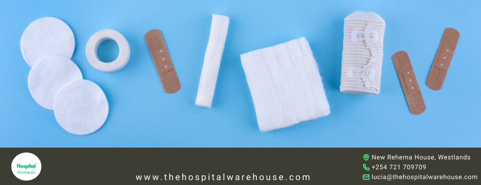 Assorted wound dressing products including gauze rolls, adhesive bandages, sterile swabs, and wound dressings products