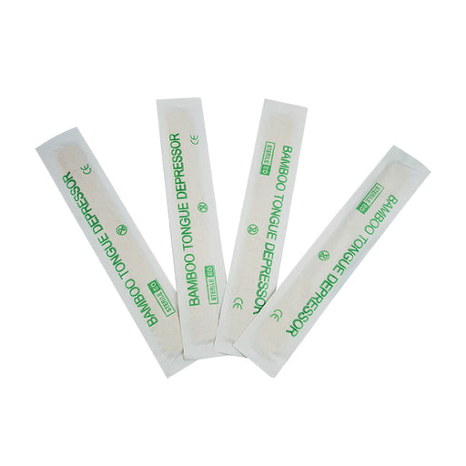 bamboo tongue depressors with green text on a white background