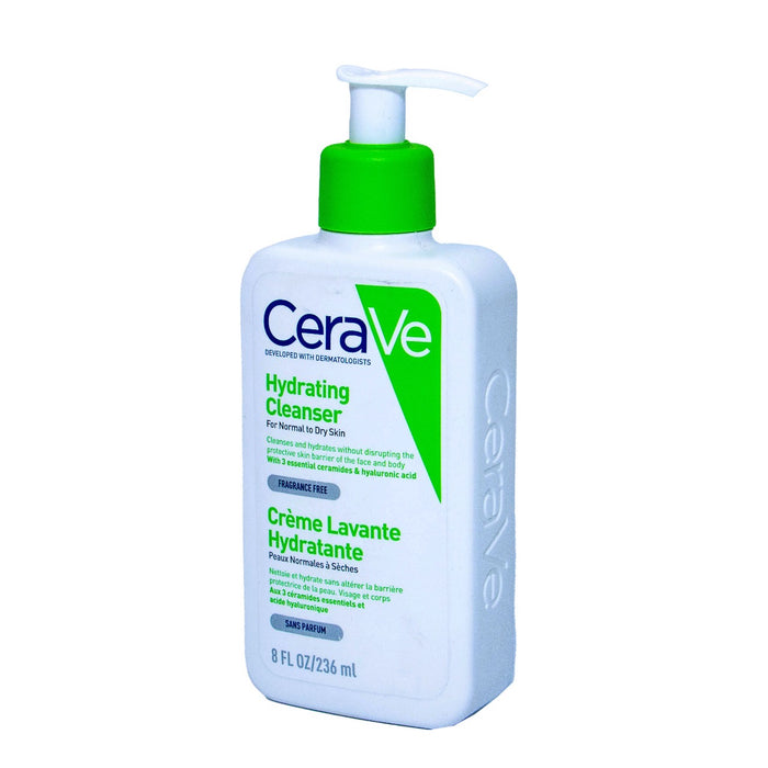 CeraVe hydrating cleanser bottle on a white background