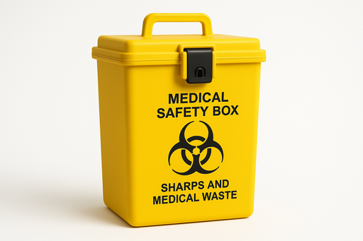 Yellow medical safety box with biohazard symbol and text on a white background
