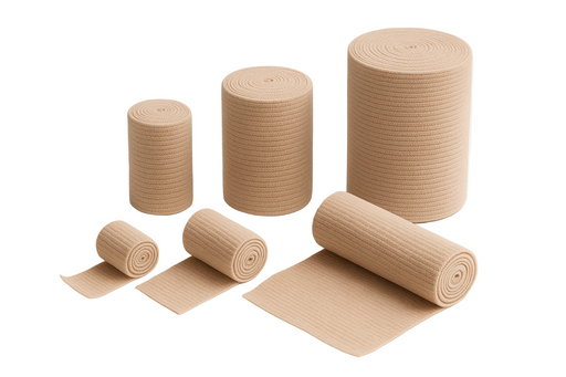 Set of beige elastic crepe bandages on a white background