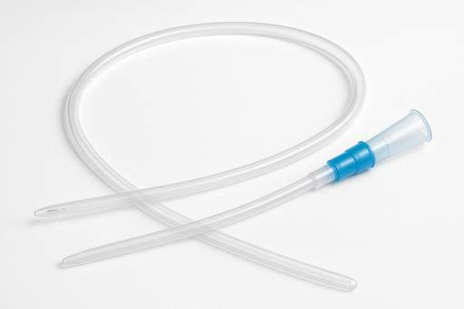 Clear plastic catheter with blue connector on a white background