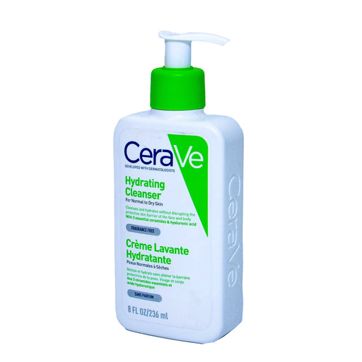 CeraVe hydrating cleanser bottle on a white background