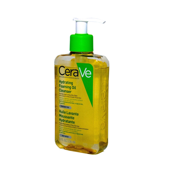 Cerave hydrating foaming oil cleanser bottle on a white background