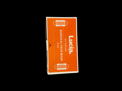Box of Lucia surgical face masks on a wooden surface