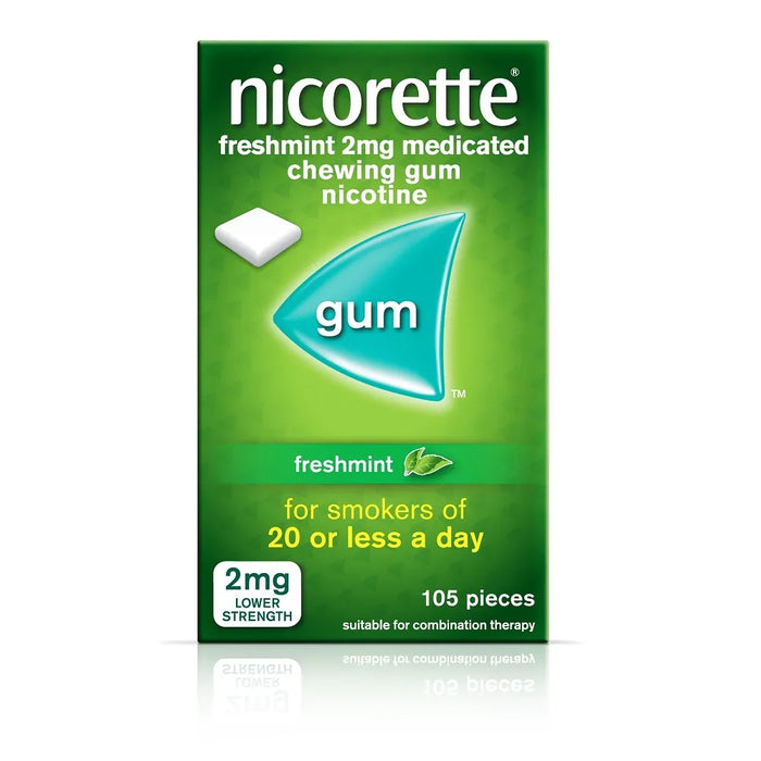 Nicorette freshmint 2mg medicated chewing gum packaging on a white background
