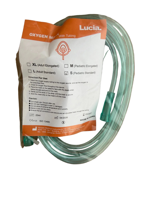 Child oxygen mask with soft PVC face mask, elastic strap, nose clip and 2m tubing for pediatric oxygen therapy in Kenya.
