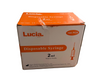 A box of 100 pieces of Lucia brand 2ml disposable syringes, shown on a wooden surface with a cardboard box in the background.