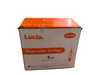 A box of 100 pieces of Lucia brand 5ml disposable syringes, featuring an orange and white design, placed on a wooden surface.