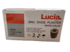 Lucia Medika Zinc Oxide Plaster White Color box containing 6 rolls, 7.5cm x 3.6m (3'x4'), shown on a cardboard surface.
