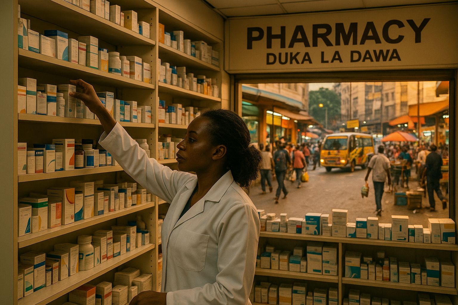 black female pharmacist in a pharmacy reaching for medicine from one of the shelves to give to patient customers.. setting should be in the streets of Nairobi