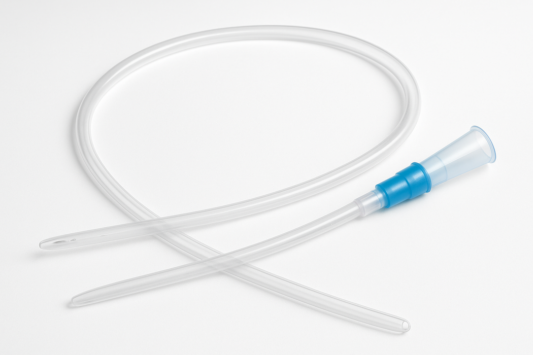 Clear plastic catheter with blue connector on a white background