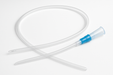Clear plastic catheter with blue connector on a white background